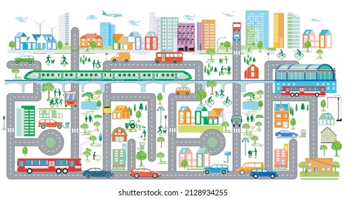 City map with road traffic and houses, infographic, illustration