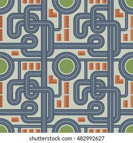 City map and roads vector seamless pattern. Graphic design element for navigation, cartography, traffic concept with roads, cross, town aerial view. Perfect for background, cover with pattern