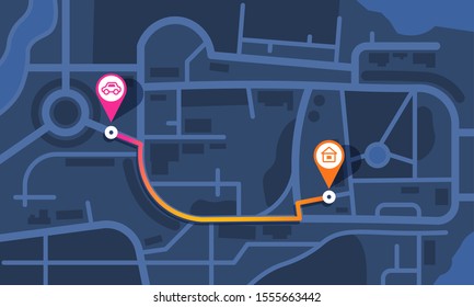 City map route. Flat theme GPS navigation map with streets parks and river, simple map with route and pins. Vector creative cartoon mockup with location symbols routs and navigational system mark