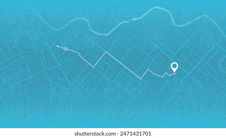 City map with route marked by white line. Perspective view on gps navigation. A point of destination your trip in the city. Vector illustration