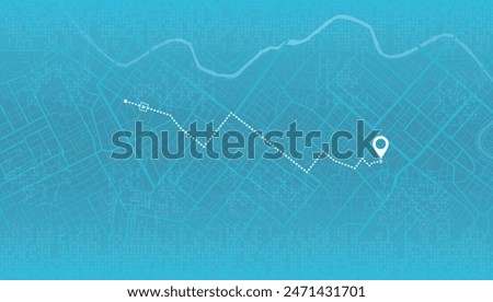City map with route marked by white line. Perspective view on gps navigation. A point of destination your trip in the city. Vector illustration