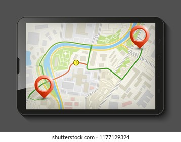 City map route navigation smartphone, phone point marker, vector drawing schema, simple city plan GPS navigation tablet, itinerary destination arrow paper city map. Route delivery check point graphic