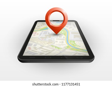 City map route navigation smartphone, phone point marker, vector drawing schema, simple city plan GPS navigation tablet, itinerary destination arrow paper city map. Route delivery check point graphic