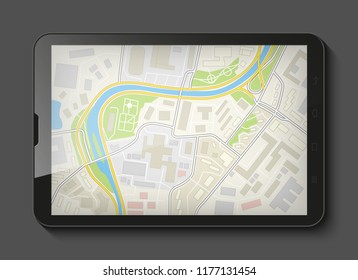 City map route navigation smartphone, phone point marker, vector drawing schema, simple city plan GPS navigation tablet, itinerary destination arrow paper city map. Route delivery check point graphic