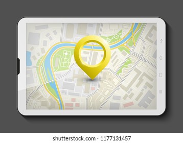 City map route navigation smartphone, phone point marker, vector drawing schema, simple city plan GPS navigation tablet, itinerary destination arrow paper city map. Route delivery check point graphic