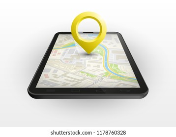 City map route navigation smartphone, phone point marker, vector drawing schema, simple city plan GPS navigation tablet, itinerary destination arrow paper city map. Route delivery check point graphic