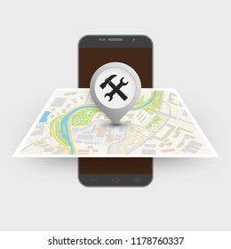 City map route navigation smartphone, phone point marker, vector drawing schema, simple city plan GPS navigation tablet, itinerary destination arrow paper city map. Route delivery check point graphic