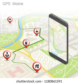 City map route navigation smartphone, phone point marker, vector drawing schema, isometric city plan GPS navigation tablet, itinerary destination arrow paper city map. Route isometric check point