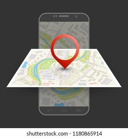 City map route navigation smartphone, phone point marker, vector drawing schema, simple city plan GPS navigation tablet, itinerary destination arrow paper city map. Route delivery check point graphic