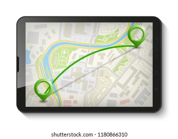 City map route navigation smartphone, phone point marker, vector drawing schema, simple city plan GPS navigation tablet, itinerary destination arrow paper city map. Route delivery check point graphic