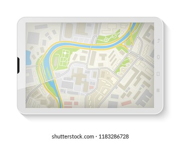 City map route navigation smartphone, phone point marker, vector drawing schema, simple city plan GPS navigation tablet, itinerary destination arrow paper city map. Route delivery check point graphic