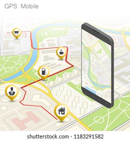 City map route navigation smartphone, phone point marker, vector drawing schema, isometric city plan GPS navigation tablet, itinerary destination arrow paper city map. Route isometric check point