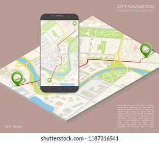City map route navigation smartphone, phone point marker, vector drawing schema, isometric city plan GPS navigation tablet, itinerary destination arrow paper city map. Route isometric check point