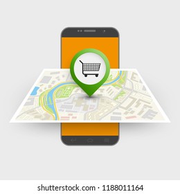 City map route navigation smartphone, phone point marker, vector drawing schema, simple city plan GPS navigation tablet, itinerary destination arrow paper city map. Route delivery check point graphic