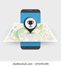 City map route navigation smartphone, phone point marker, vector drawing schema, simple city plan GPS navigation tablet, itinerary destination arrow paper city map. Route delivery check point graphic