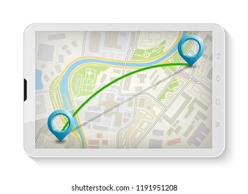 City map route navigation smartphone, phone point marker, vector drawing schema, simple city plan GPS navigation tablet, itinerary destination arrow paper city map. Route delivery check point graphic