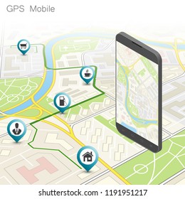 City map route navigation smartphone, phone point marker, vector drawing schema, isometric city plan GPS navigation tablet, itinerary destination arrow paper city map. Route isometric check point