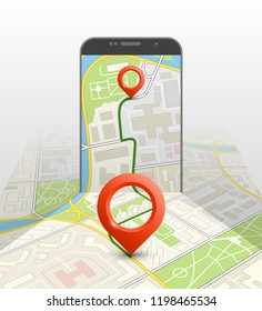 City map route navigation smartphone, phone point marker, vector drawing schema, isometric city plan GPS navigation tablet, itinerary destination arrow paper city map. Route isometric check point