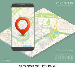 City map route navigation smartphone, phone point marker, vector drawing schema, isometric city plan GPS navigation tablet, itinerary destination arrow paper city map. Route isometric check point