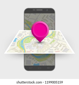 City map route navigation smartphone, phone point marker, vector drawing schema, simple city plan GPS navigation tablet, itinerary destination arrow paper city map. Route delivery check point graphic