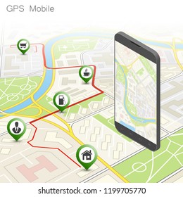 City map route navigation smartphone, phone point marker, vector drawing schema, isometric city plan GPS navigation tablet, itinerary destination arrow paper city map. Route isometric check point