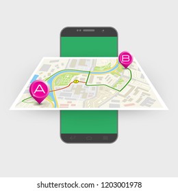 City map route navigation smartphone, phone point marker, vector drawing schema, simple city plan GPS navigation tablet, itinerary destination arrow paper city map. Route delivery check point graphic