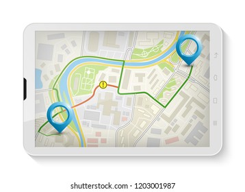 City map route navigation smartphone, phone point marker, vector drawing schema, simple city plan GPS navigation tablet, itinerary destination arrow paper city map. Route delivery check point graphic