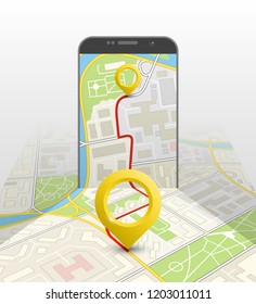 City map route navigation smartphone, phone point marker, vector drawing schema, isometric city plan GPS navigation tablet, itinerary destination arrow paper city map. Route isometric check point