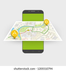 City map route navigation smartphone, phone point marker, vector drawing schema, simple city plan GPS navigation tablet, itinerary destination arrow paper city map. Route delivery check point graphic