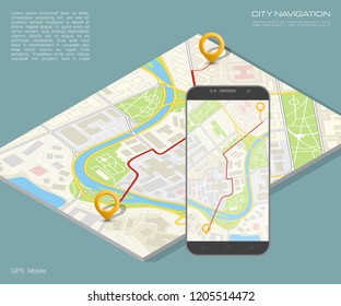 City map route navigation smartphone, phone point marker, vector drawing schema, isometric city plan GPS navigation tablet, itinerary destination arrow paper city map. Route isometric check point