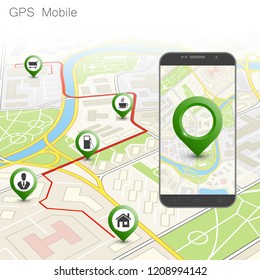 City map route navigation smartphone, phone point marker, vector drawing schema, isometric city plan GPS navigation tablet, itinerary destination arrow paper city map. Route isometric check point