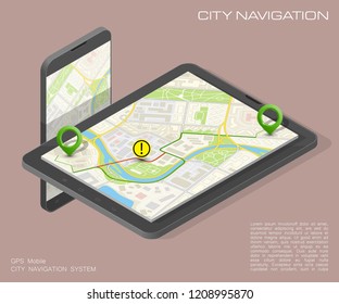 City map route navigation smartphone, phone point marker, vector drawing schema, isometric city plan GPS navigation tablet, itinerary destination arrow paper city map. Route isometric check point