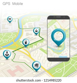 City map route navigation smartphone, phone point marker, vector drawing schema, isometric city plan GPS navigation tablet, itinerary destination arrow paper city map. Route isometric check point