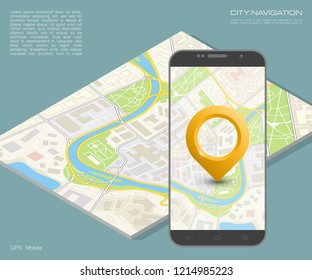City map route navigation smartphone, phone point marker, vector drawing schema, isometric city plan GPS navigation tablet, itinerary destination arrow paper city map. Route isometric check point
