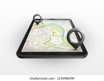Smartphone de navegación de ruta del mapa de la ciudad, marcador de punto del teléfono, esquema de dibujo de Vector, tableta de navegación GPS de Plan de ciudad simple, mapa de ciudad de papel de flecha de destino de itinerario. Gráfico de punto de control de entrega de ruta
