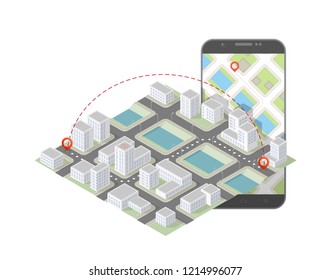 City map route navigation smartphone, phone point marker, vector drawing schema, isometric city plan GPS navigation tablet, itinerary destination arrow paper city map. Route isometric check point