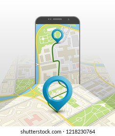 City map route navigation smartphone, phone point marker, vector drawing schema, isometric city plan GPS navigation tablet, itinerary destination arrow paper city map. Route isometric check point