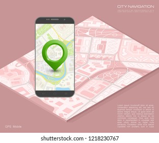 City map route navigation smartphone, phone point marker, vector drawing schema, isometric city plan GPS navigation tablet, itinerary destination arrow paper city map. Route isometric check point