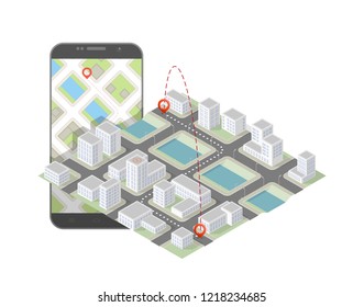 City map route navigation smartphone, phone point marker, vector drawing schema, isometric city plan GPS navigation tablet, itinerary destination arrow paper city map. Route isometric check point