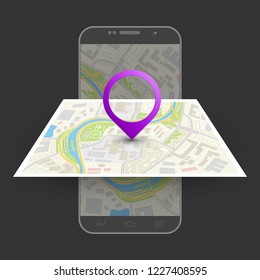 City map route navigation smartphone, phone point marker, vector drawing schema, simple city plan GPS navigation tablet, itinerary destination arrow paper city map. Route delivery check point graphic
