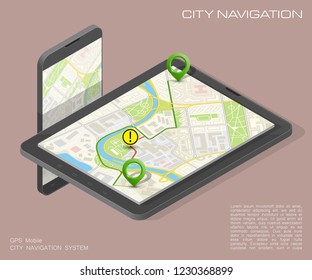 City map route navigation smartphone, phone point marker, vector drawing schema, isometric city plan GPS navigation tablet, itinerary destination arrow paper city map. Route isometric check point