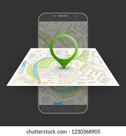 City map route navigation smartphone, phone point marker, vector drawing schema, simple city plan GPS navigation tablet, itinerary destination arrow paper city map. Route delivery check point graphic