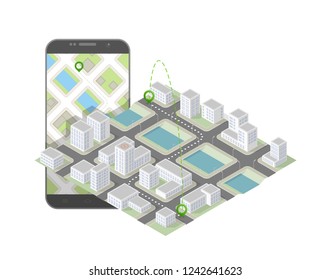 City map route navigation smartphone, phone point marker, vector drawing schema, isometric city plan GPS navigation tablet, itinerary destination arrow paper city map. Route isometric check point