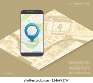 City map route navigation smartphone, phone point marker, vector drawing schema, isometric city plan GPS navigation tablet, itinerary destination arrow paper city map. Route isometric check point