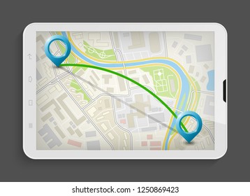 City map route navigation smartphone, phone point marker, vector drawing schema, simple city plan GPS navigation tablet, itinerary destination arrow paper city map. Route delivery check point graphic