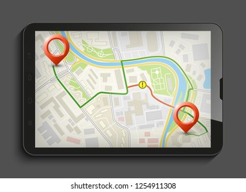 City map route navigation smartphone, phone point marker, vector drawing schema, simple city plan GPS navigation tablet, itinerary destination arrow paper city map. Route delivery check point graphic