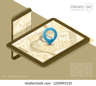City map route navigation smartphone, phone point marker vector drawing schema isometric city plan GPS navigation tablet, itinerary destination arrow isometry paper city map. Route isometric check pin