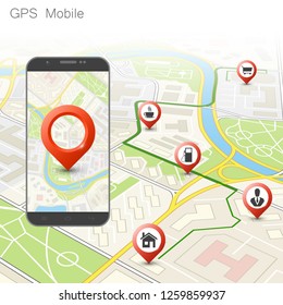 City map route navigation smartphone, phone point marker, vector drawing schema, isometric city plan GPS navigation tablet, itinerary destination arrow paper city map. Route isometric check point