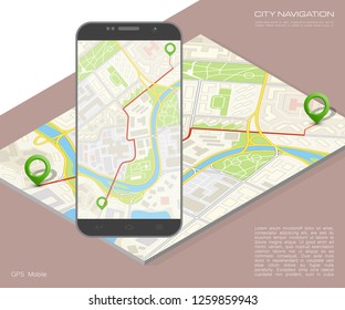 City map route navigation smartphone, phone point marker vector drawing schema isometric city plan GPS navigation tablet, itinerary destination arrow isometry paper city map. Route isometric check pin