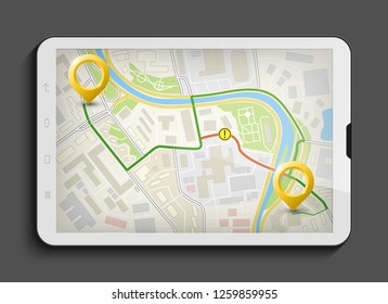 City map route navigation smartphone, phone point marker, vector drawing schema, simple city plan GPS navigation tablet, itinerary destination arrow paper city map. Route delivery check point graphic